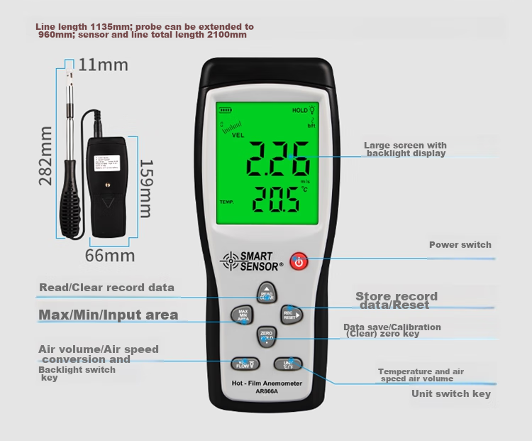 Xima Anemometer, High-Precision Digital Wind Speed Meter, Wind Speed And Temperature Measuring Instrument AS806 3