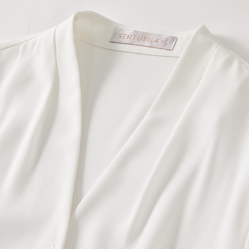 尚都比拉雪纺衬衫女春秋气质通勤V领衬衣显瘦宽松长袖上衣 米白色 S