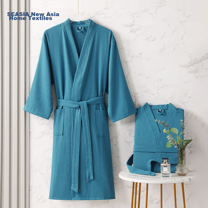 Xinya Bathrobe, Pure Cotton Waffle Pattern Adult Bathrobe Home Loungewear, Unisex Couple Thin Bathrobe, Men's Style, Blue L