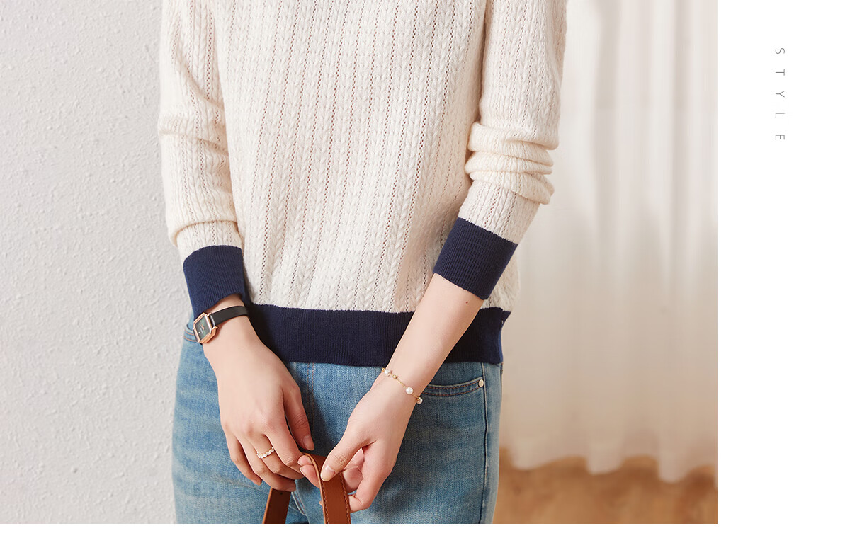 Chushen Spring And Autumn Knitted Sweater for Women, Fashionable Color-Block Round Neck Pullover Versatile Sweater Top S13KZ3554 White 16
