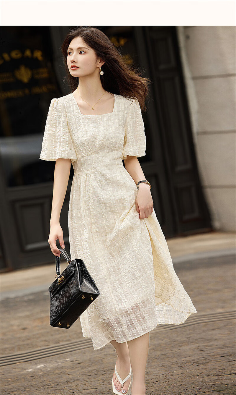 Dme [Commuter Cotton Bright Silk Umbrella Skirt], Summer Style Square Neck Waist-Cinching Puff Sleeve Dress, Long Women's Dress 16