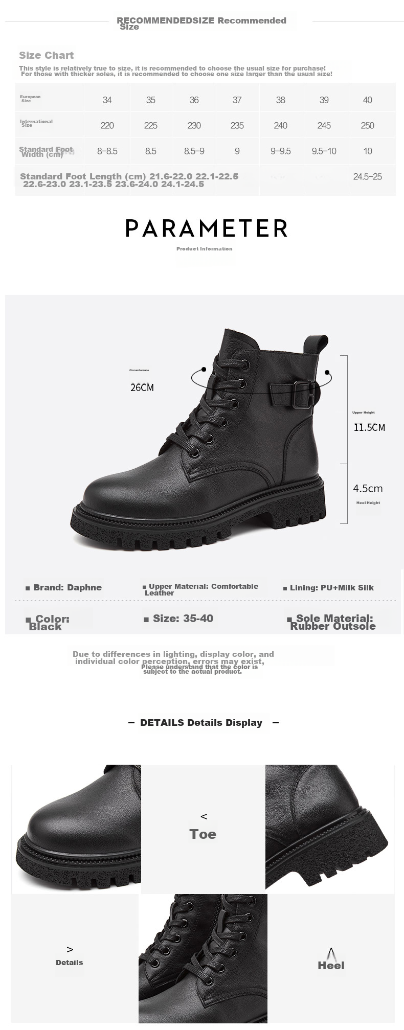 DAPHNE Martin Boots for Women, Cowhide Knight Ankle Boots, Slim Boots, Fleece-Lined Casual Leather Boots, Women's Boots, Black (Fleece Lining), Size 35 6