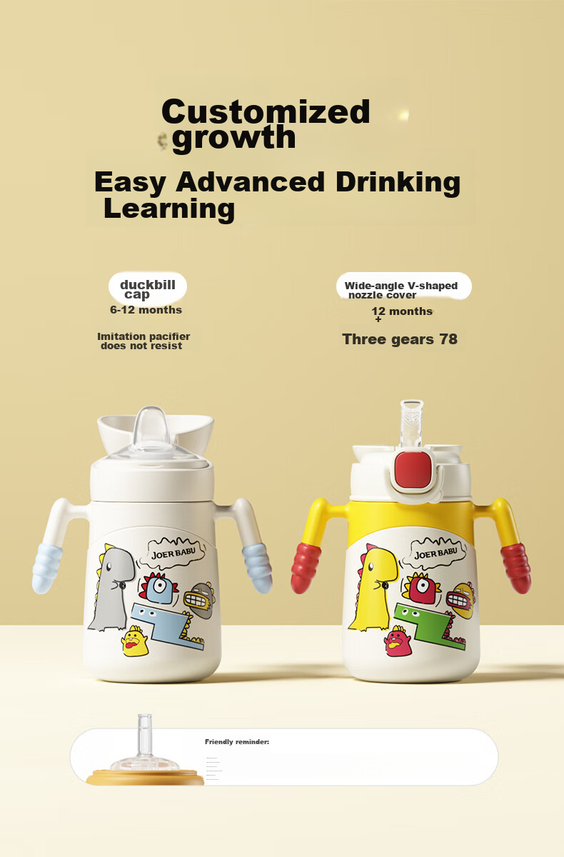 JOER BABU Baby Insulated Cup, Children's Straw Water Bottle, Infant Sippy Cup, Can Be Equipped with Duck Bill And Strap, Thermos Water Bottle - Yellow 4