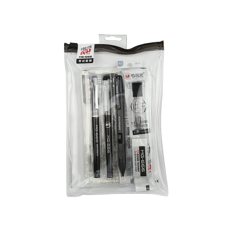 M&G Stationery Classic Transparent Exam-Specific Set for Middle School And College Entrance Exams, Including Gel Pens/Refills/2B Card Pencils/Rulers/Erasers, 11-Piece Set