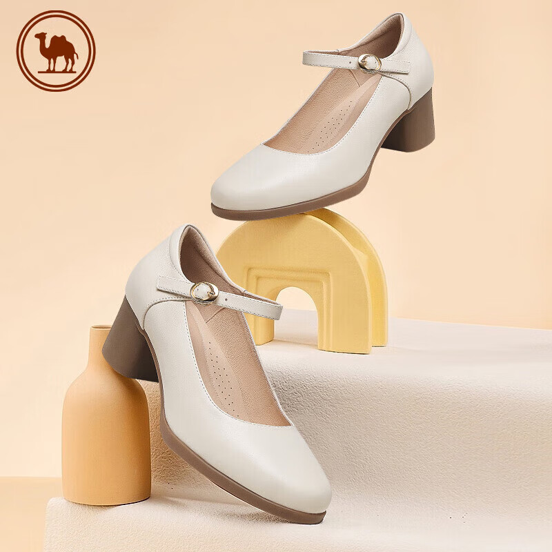CAMEL Brand Women's Shoes, Cowhide Soft Thick Heel Casual Flats, Fashionable Mary Jane Shoes, P23A155036, Beige, Size 36