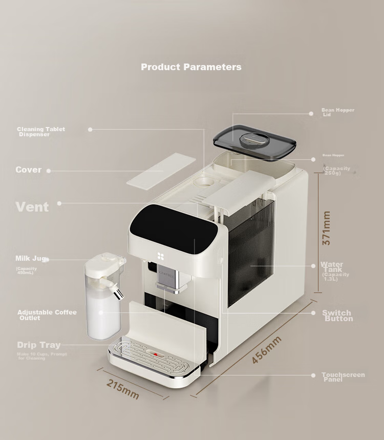 KAxFREE [Flagship Bestseller] Coffee Machine, Home Fully Automatic Coffee Maker with Fresh Grinding And Cold Brew, Italian-Style, Large Touch Screen, Dual Temperature Dual Extraction, SF1 Max, Moon White 19