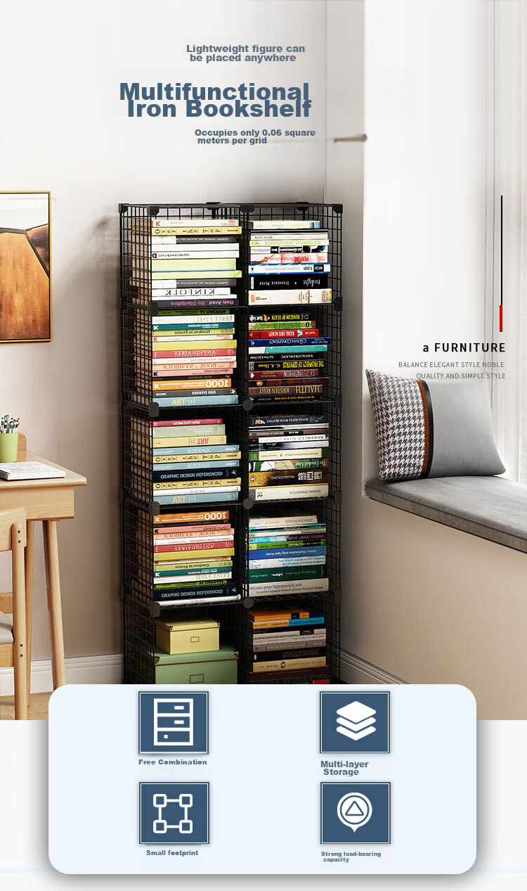 Anerya Simple Floor-Standing Iron Bookshelf, Living Room Storage Rack, Bedside Organizer And Display Shelf, Free Combination Design, Large Capacity Narrow Bookcase 1