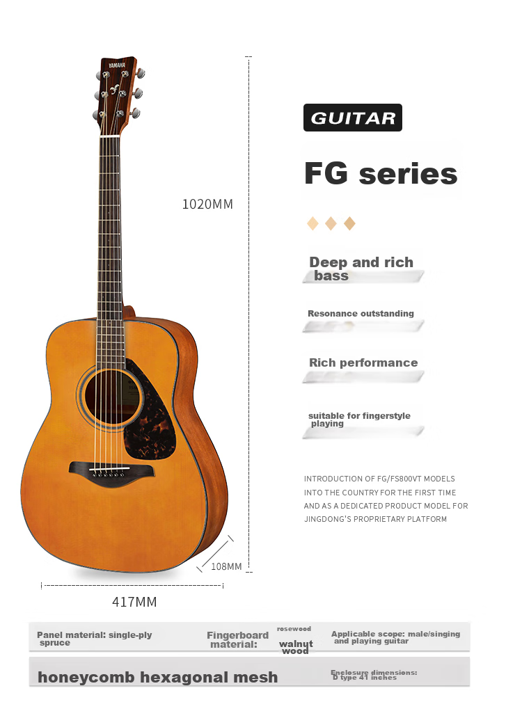 YAMAHA FG830VN North American Model Solid Wood Top Acoustic Guitar for Beginners, 41-Inch Guitar in Gloss Vintage Color 24