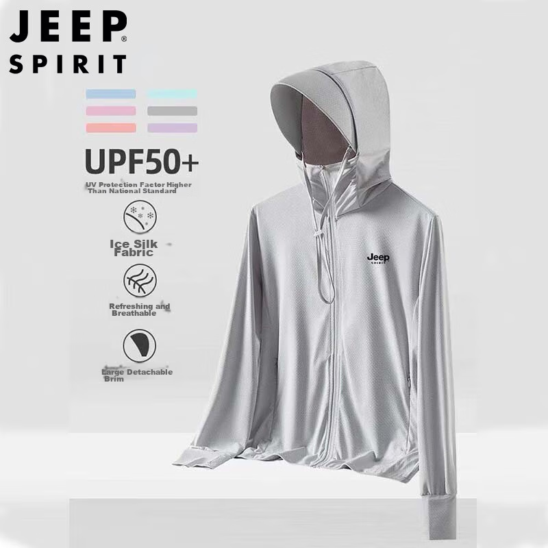 JEEP SPIRIT Men's Sun Protection Jacket, Summer Hooded Lightweight Casual Coat, Skin-Friendly Fishing Wear, Light Gray Men's Style, XL