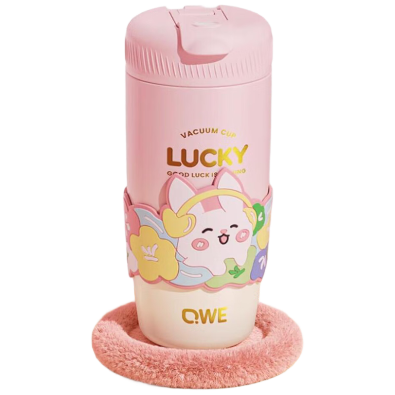 QWE Double-Insulated Water Bottle, 500ml, Cherry Blossom Love Pink, Straw Cup, Stylish Design, Temperature-Controlled, Portable Carrying Handle
