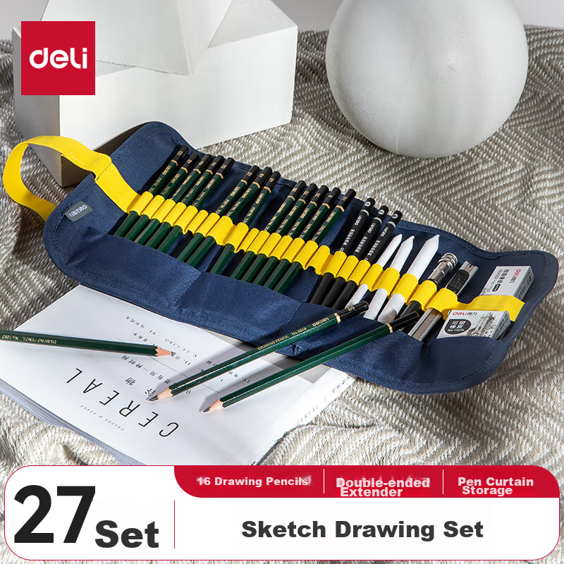 Deli Sketching Pencil Set, 27 Pieces, Professional Drawing Pencils, Canvas Pen Holder, Charcoal Pencils, Moldable Eraser Paper, Eraser, Craft Knife, Gift, 58125 Graduation Present for Boys And Girls