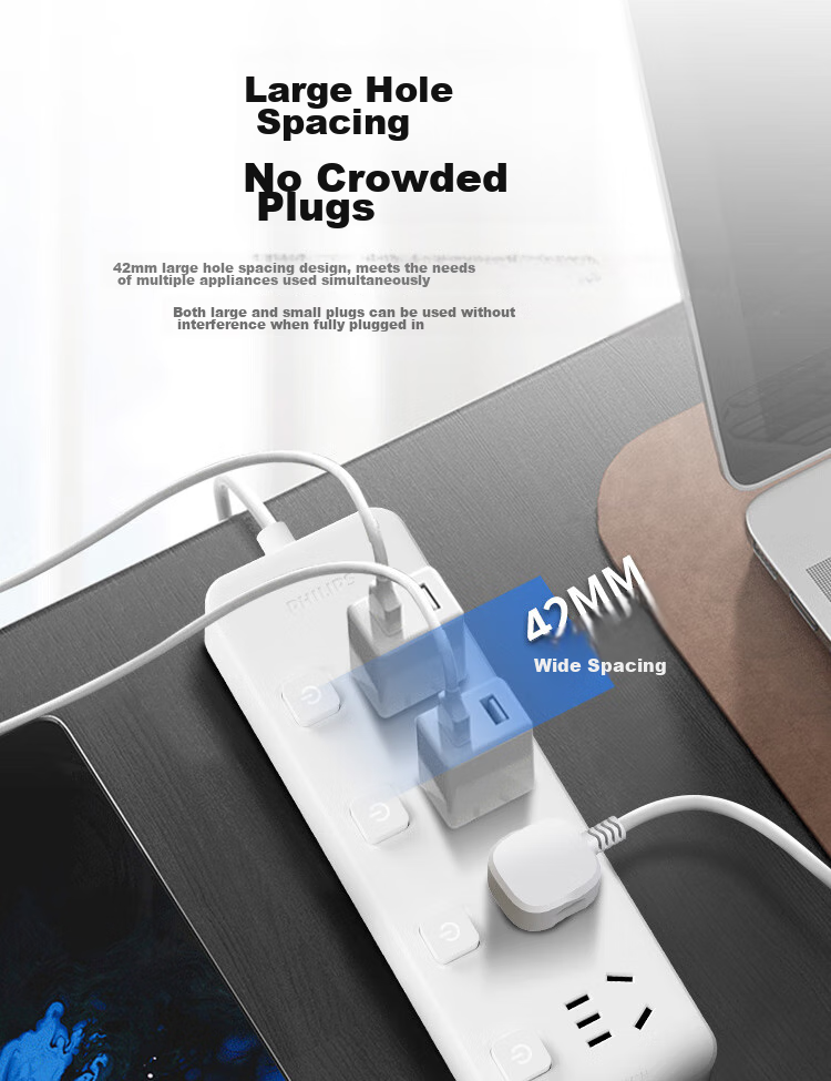 PHILIPS New National Standard Safety Power Strip Side Plug Socket 2.8m Split Control 6 Outlets Two-Prong Three-Pin Socket Travel Portable Multi-Outlet Extension Cord Power Board 9