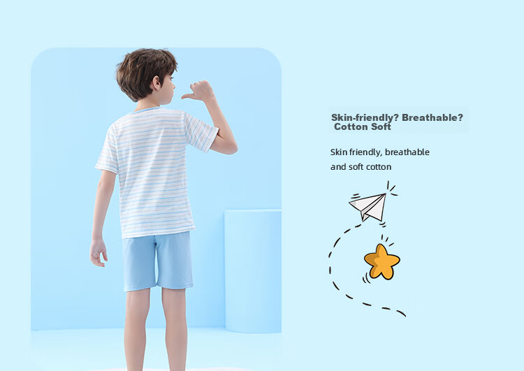 LangSha Children's Pajamas for Boys, Summer Thin Style, Youth Short-Sleeve Shorts, Student Pure Cotton Home Wear Set, Size 160 8