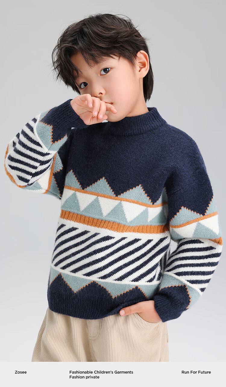 Zuoxi Boys' Sweater, Children's Thickened Autumn And Winter 2025 New Style, Boys' Knitted Sweater, Winter Pullover, Navy Blue, Size 160 2