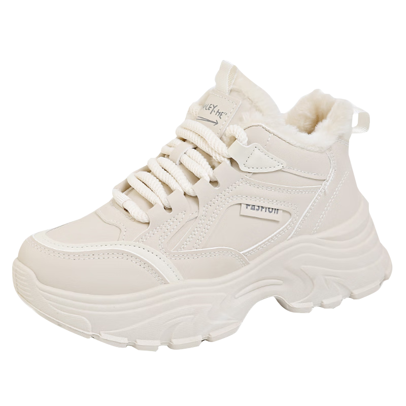CARTELO Women's Fleece-Lined Dad Sneakers Winter Warm Casual Cotton High-Top Shoes 1544M Beige Size 35