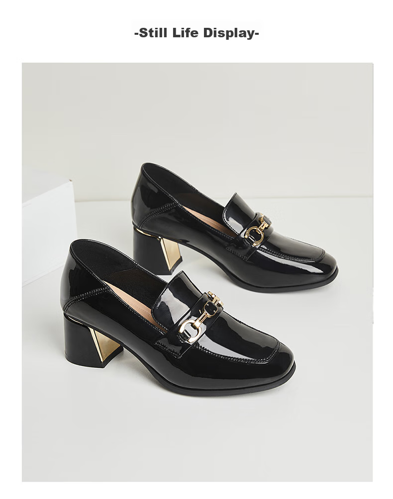 DAPHNE Women's Formal Leather Shoes, British Style Chunky Heel High Heels for Work, Business Commute Loafers, Black, Size 36 17