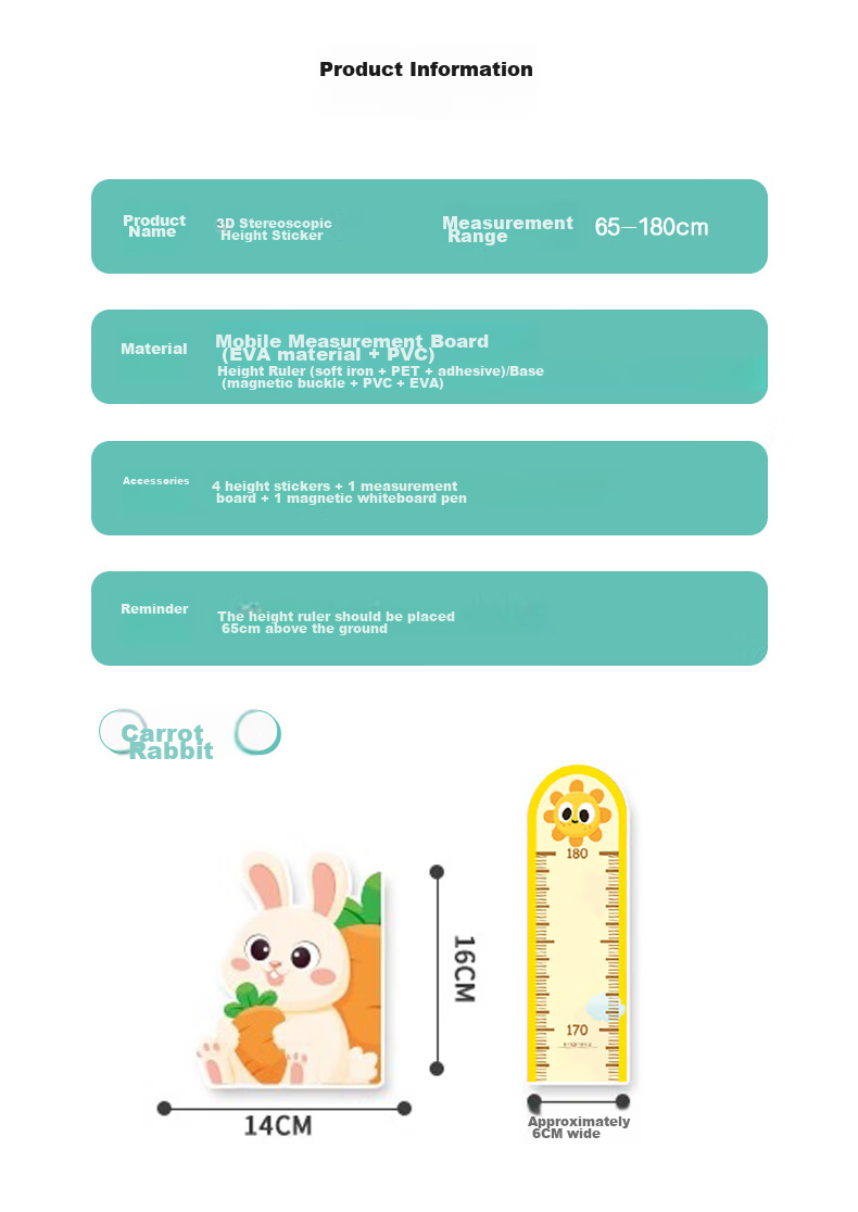 Modouyu Height Chart, 3D Cartoon Rabbit Design, Removable Living Room Baby Height Sticker, Decorative Wall Decal 4
