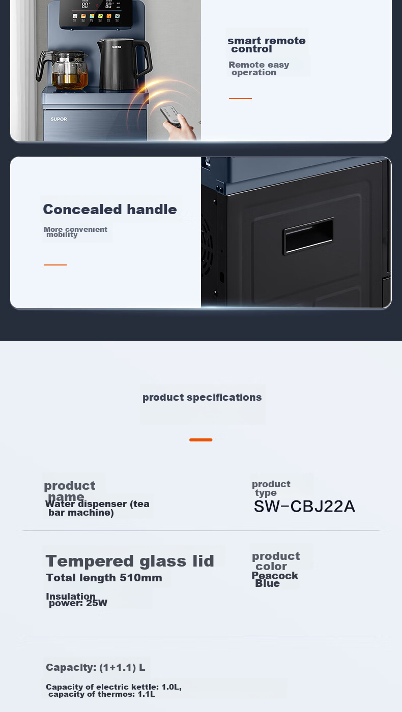 SUPOR Tea Bar Machine, High-End Home Water Dispenser, Remote Control, Intelligent Bottom-Loading Water Tank, Fully Automatic, Self-Controlled Temperature, Anti-Dry Burning, Anti-Overflow, for Living Room And Office Use, CBJ12F 12