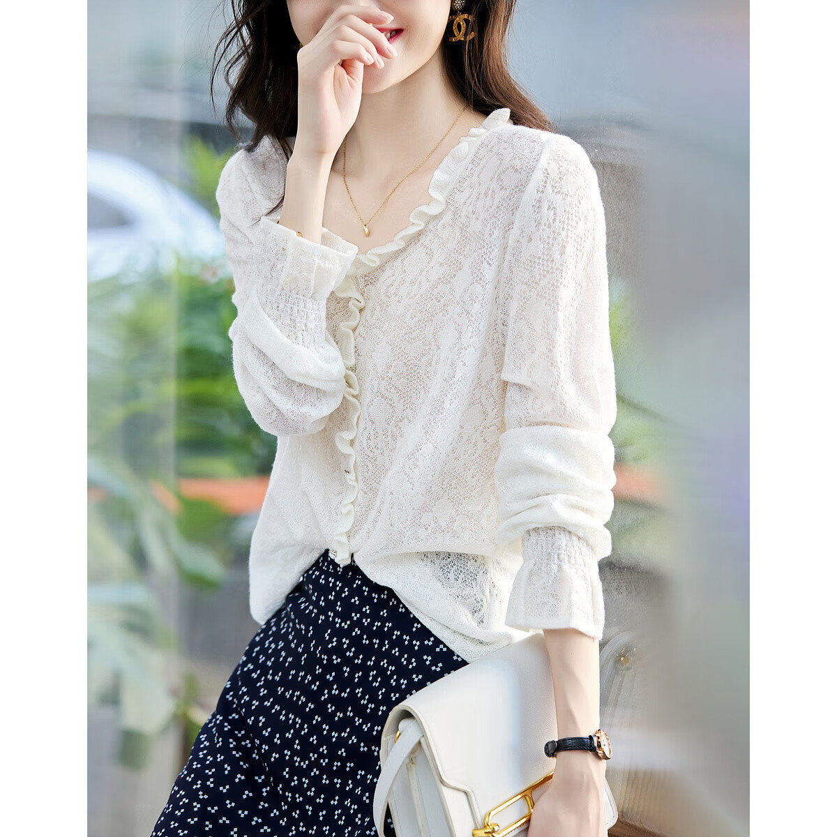 Dme [Containing Wool] Autumn V-Neck Ruffle Jacquard Pullover Long-Sleeve Knit Sweater, Women's Top