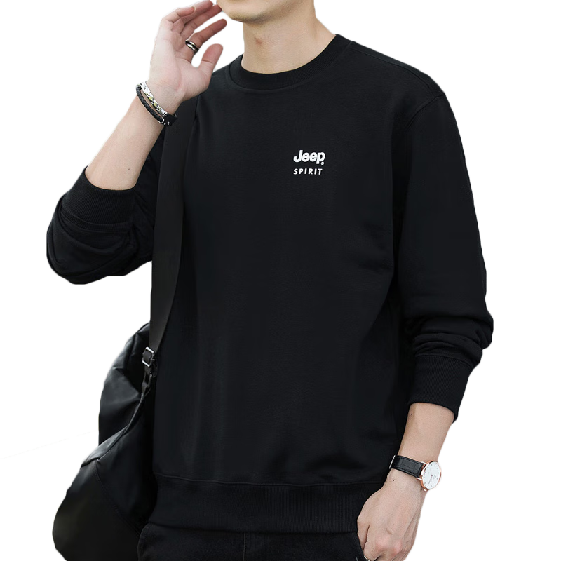 JEEP SPIRIT Men's Sweatshirt, Spring Top, Men's Hoodie, Round Neck Undershirt, Men's Clothing, Black, 2XL