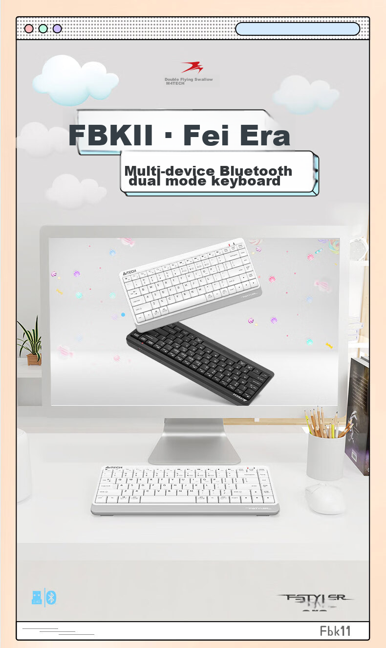 A4TECH FBK11, 86-Key Bluetooth Keyboard, Wireless Keyboard for Computer Office, Thin Film Keyboard, Portable Mini Keyboard for IPad, Fei Shidai, Su Kong Hai, Bluetooth/wireless 1