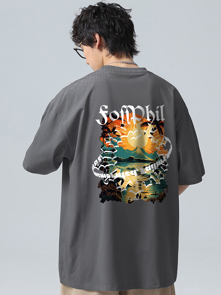 Foss Phil Short-Sleeve T-Shirt for Men And Women, Summer Pure Cotton American Trendy Fashion Printed Undershirt Men's Clothing DT15 Apricot Color M 6