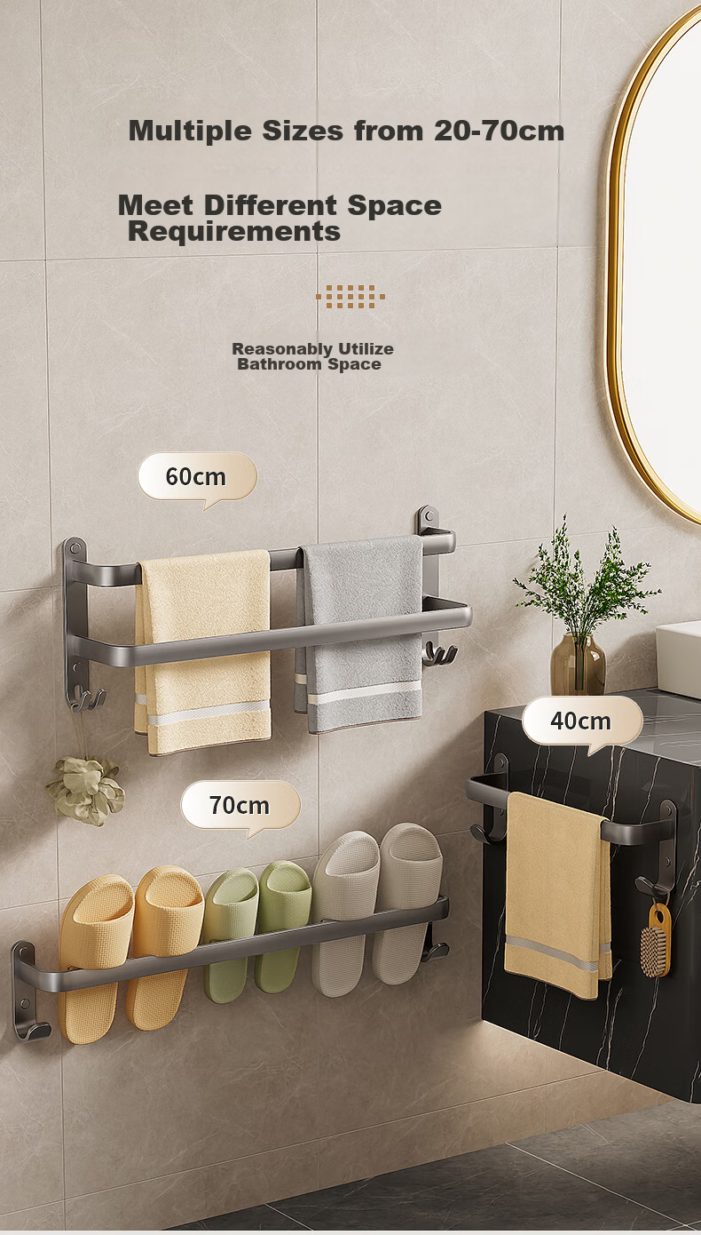 Baihan Towel Rack, Space Aluminum, No Drilling Required, Wall-Mounted Bathroom Storage Shelf with Hooks, Organizer Hanger Rod 11