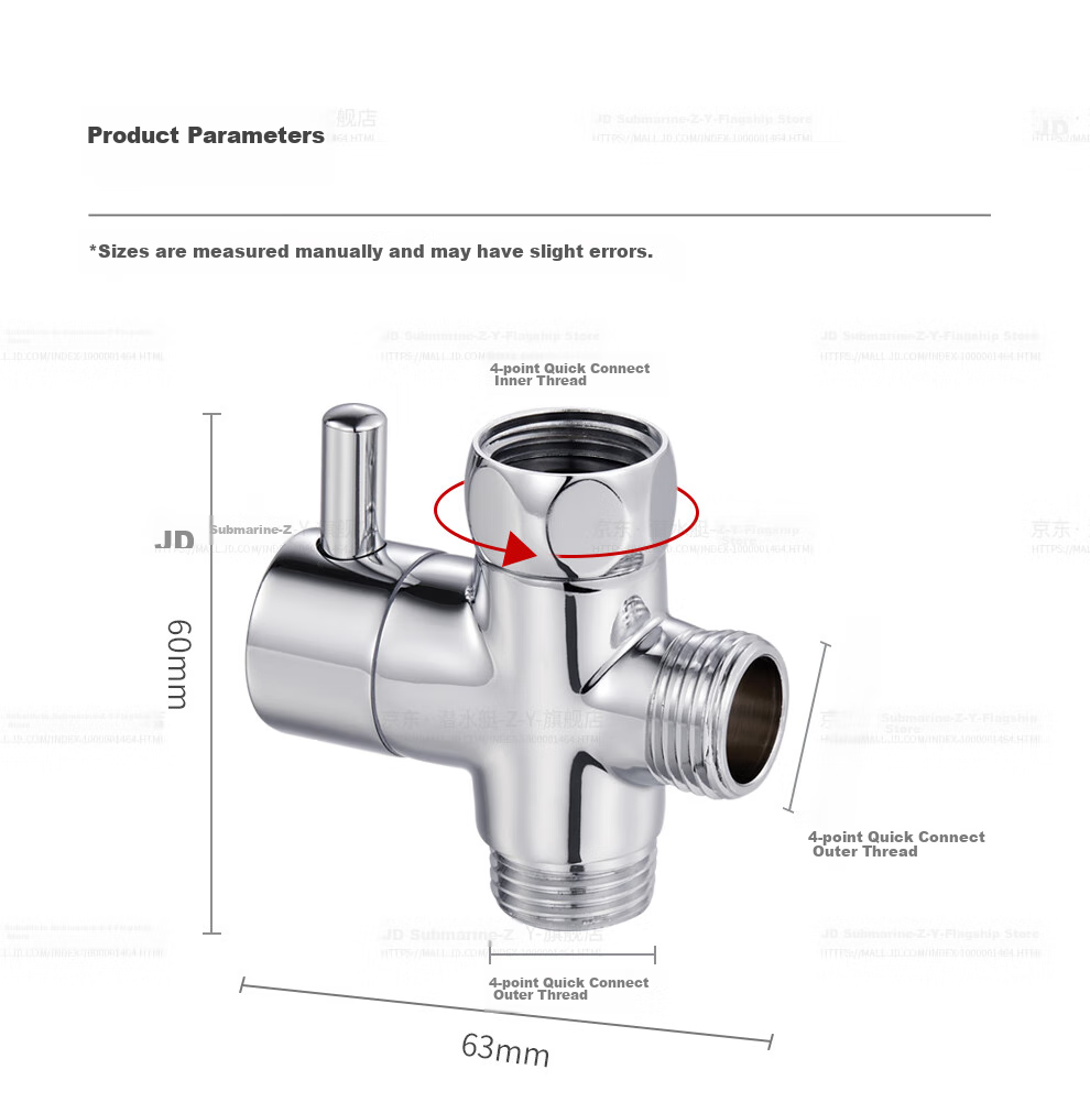Submarine F306 Three-Way Water Distributor with One Inlet And Two Outlets, Angle Valve, Splitter, 1/2 Inch Connector, Main Body, Copper Plated with Switch 3