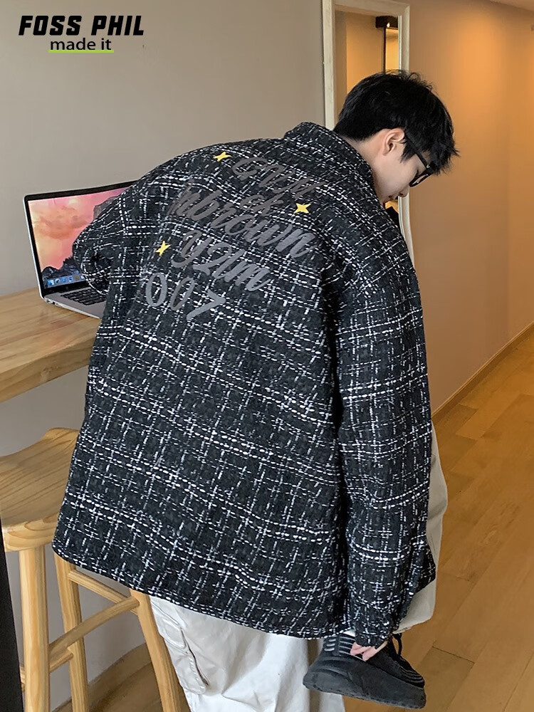 Foss Phil Men's Jacket, Spring And Autumn Fashion Brand Chanel-Style Coat, Plaid Lapel, Korean Version Loose Outerwear, FPJK10 Black M 7
