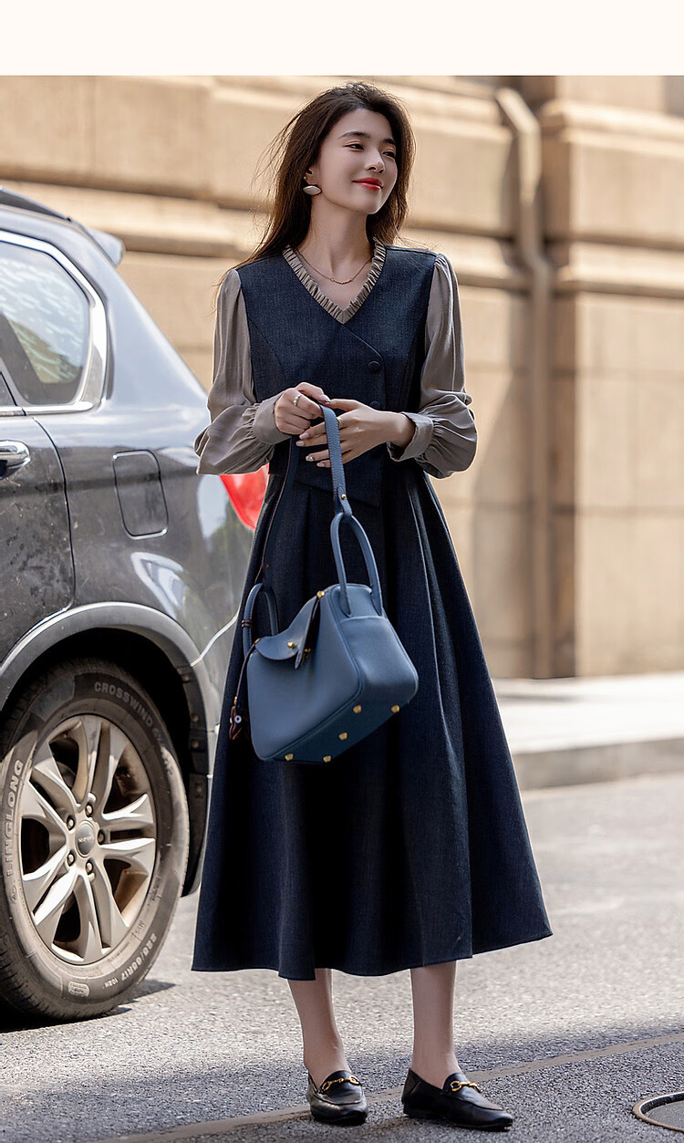 Dme [Ambiance Expert] Spring And Autumn Vintage Faux Two-Piece Ruffle V-Neck Puff Sleeve Waist-Cinching Pleated Women's Dress 12