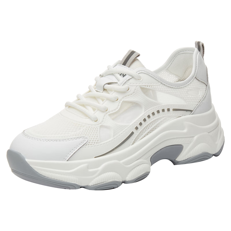 DAPHNE Women's Versatile Sports Casual Shoes, Breathable Mesh Upper, Lightweight Comfortable Thick-Soled Dad Shoes for Women, White And Silver, Size 39