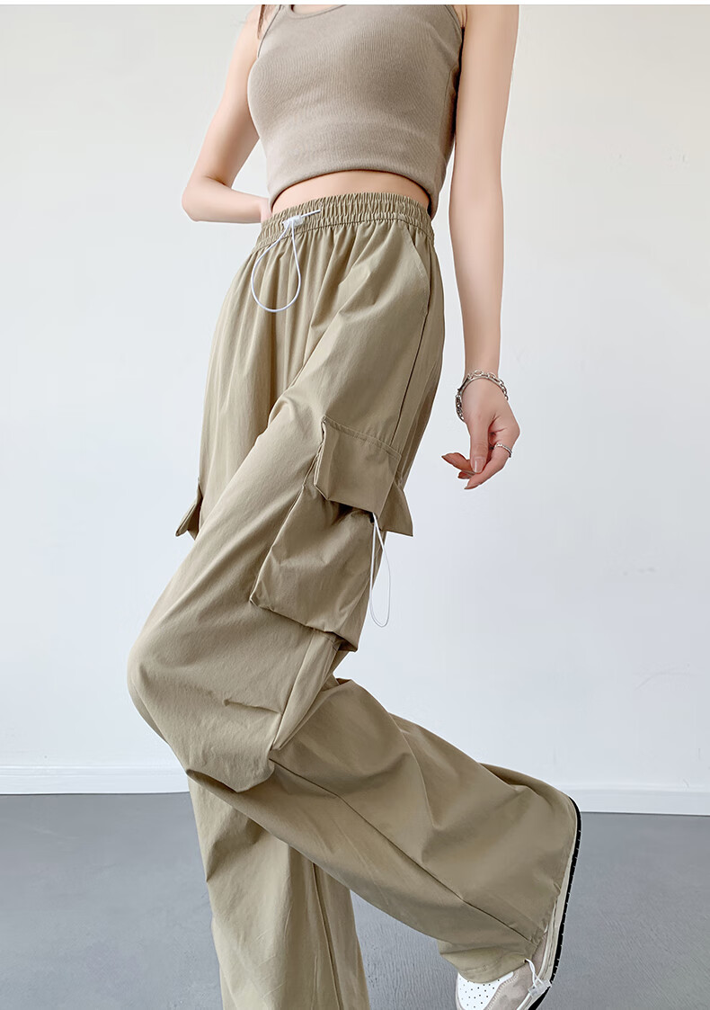 LangSha American-Style Parachute Cargo Pants for Women, Summer Ice Silk High-Waist Wide-Leg Loose Casual Quick-Dry Outdoor Sports Pants 52