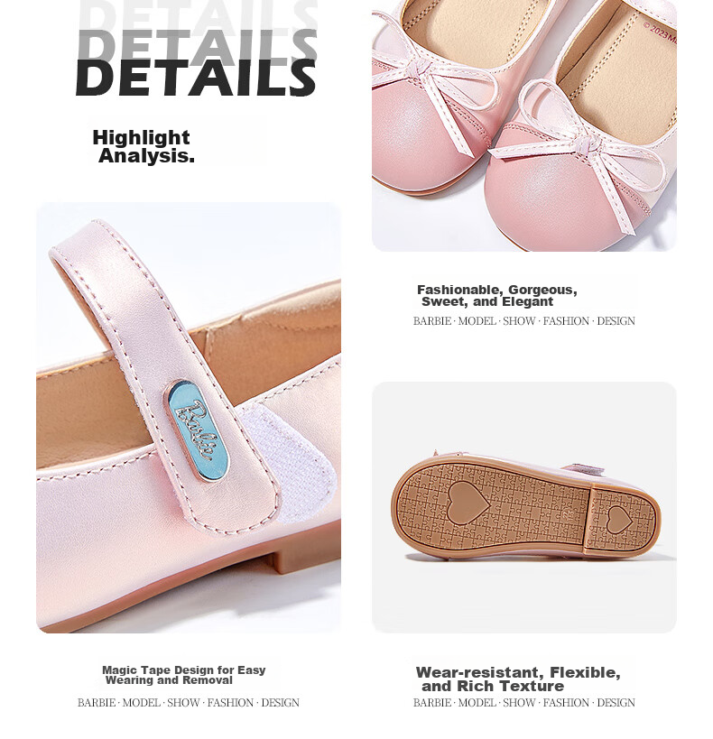 Barbie Children's Shoes, Spring And Autumn Kids Leather Shoes, Cute Color-Block Princess Style Girls' Shoes, Fashionable Shoes, DA6039 Pink, Size 31 5