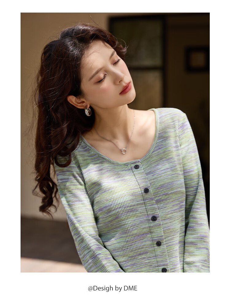 Dme Autumn Artistic Gradient Vintage Round Neck Ruffled Edge Elegant Women's T-Shirt with Moisturizing Cloud Cotton 4