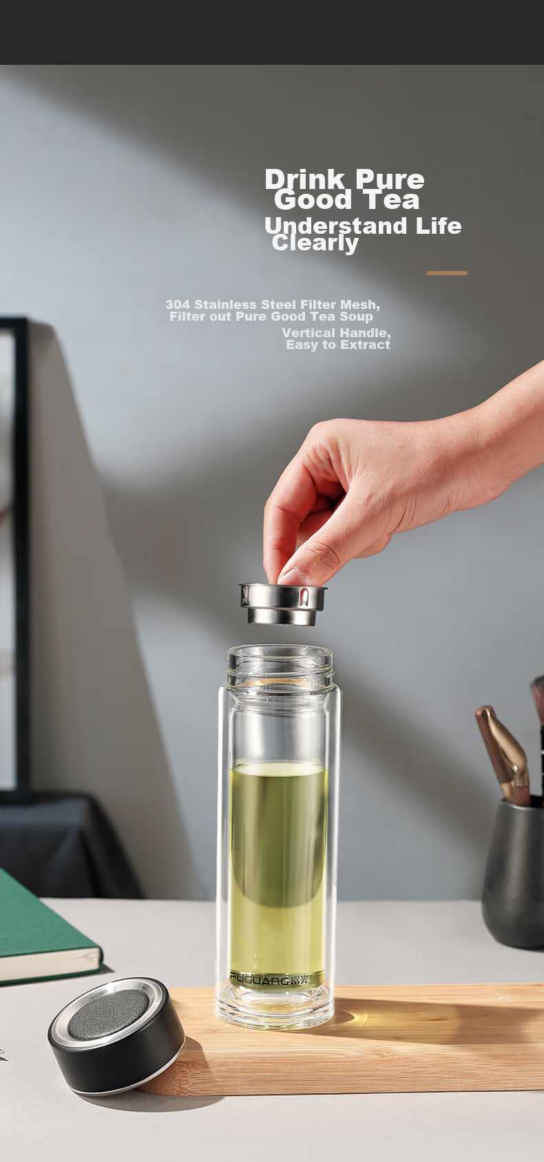 Fuguang Double-Layer Glass Cup, High Borosilicate Tea Infuser Mug, Portable Business Water Bottle for Car And Travel, Suitable for Men And Women, 400ml 3