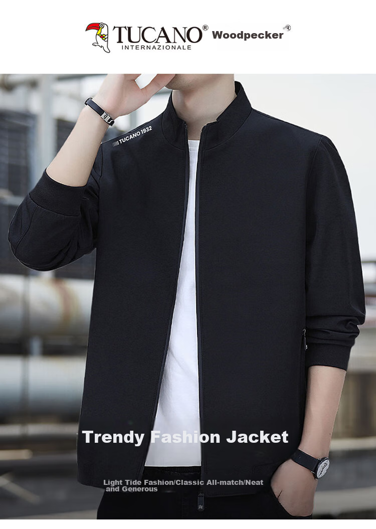 TUCANO Men's Jacket, Spring And Autumn Business Casual Executive Stand-Collar Loose Fit Coat, Black, 2XL 1
