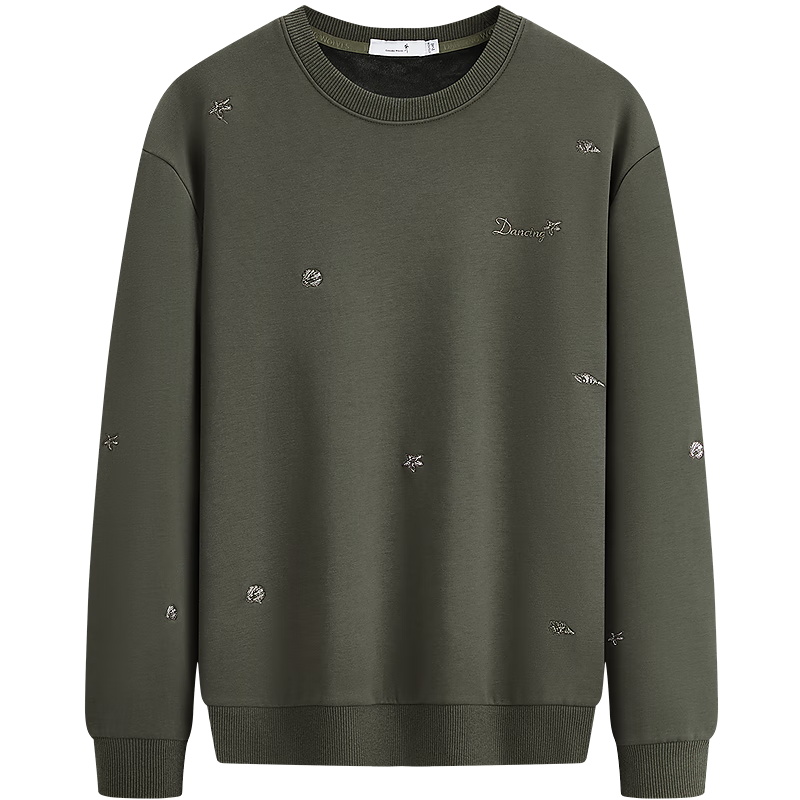 DANCING WOLVES [Fleece-Lined Warm] Autumn And Winter Style, Dotted Embroidery Round Neck Thickened Top, Men's Sweatshirt, 203 Army Green, Size 170