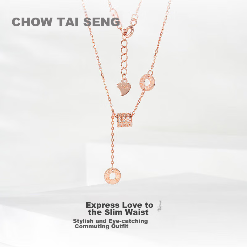 CHOW TAI SENG Slim Waist Pure Silver Necklace for Women, 2026 New Style, Luxurious High-End Birthday Gift for Girls And Girlfriends