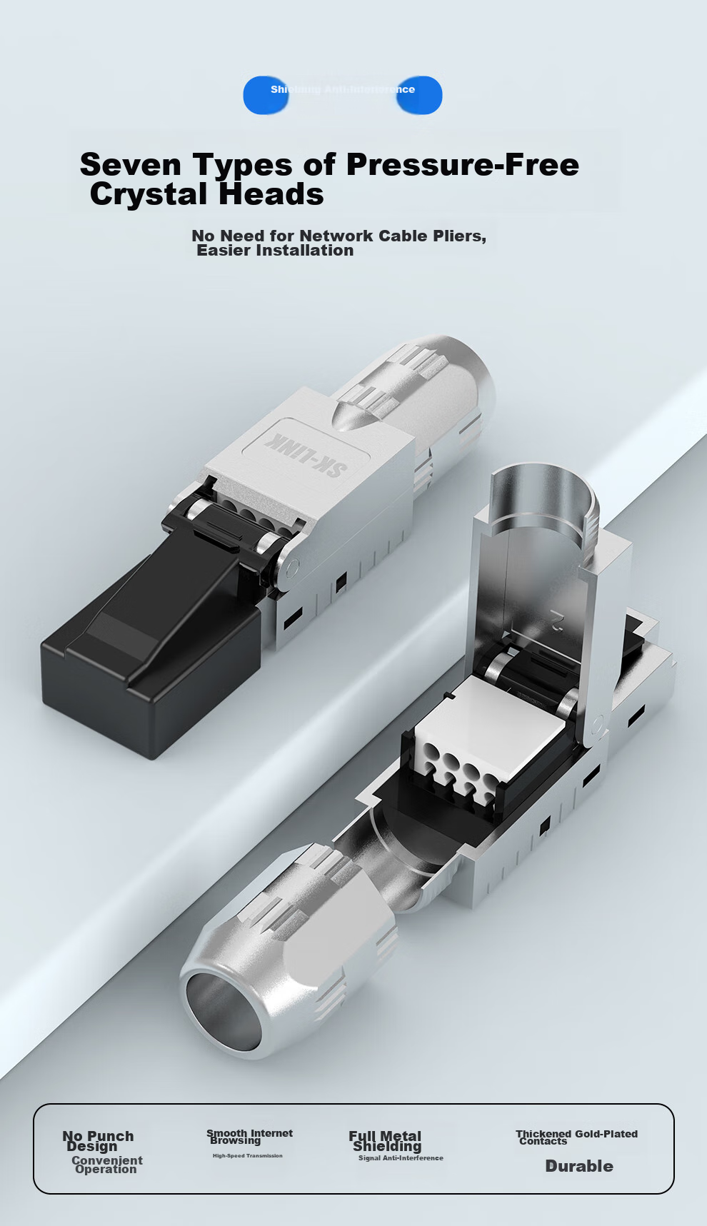 SK-LINK Cat7 Toolless Crystal Head, Engineering Grade CAT7 Unshielded RJ45 Computer Network Cable Connector, No Crimping Required Crystal Head, Single Pack 1
