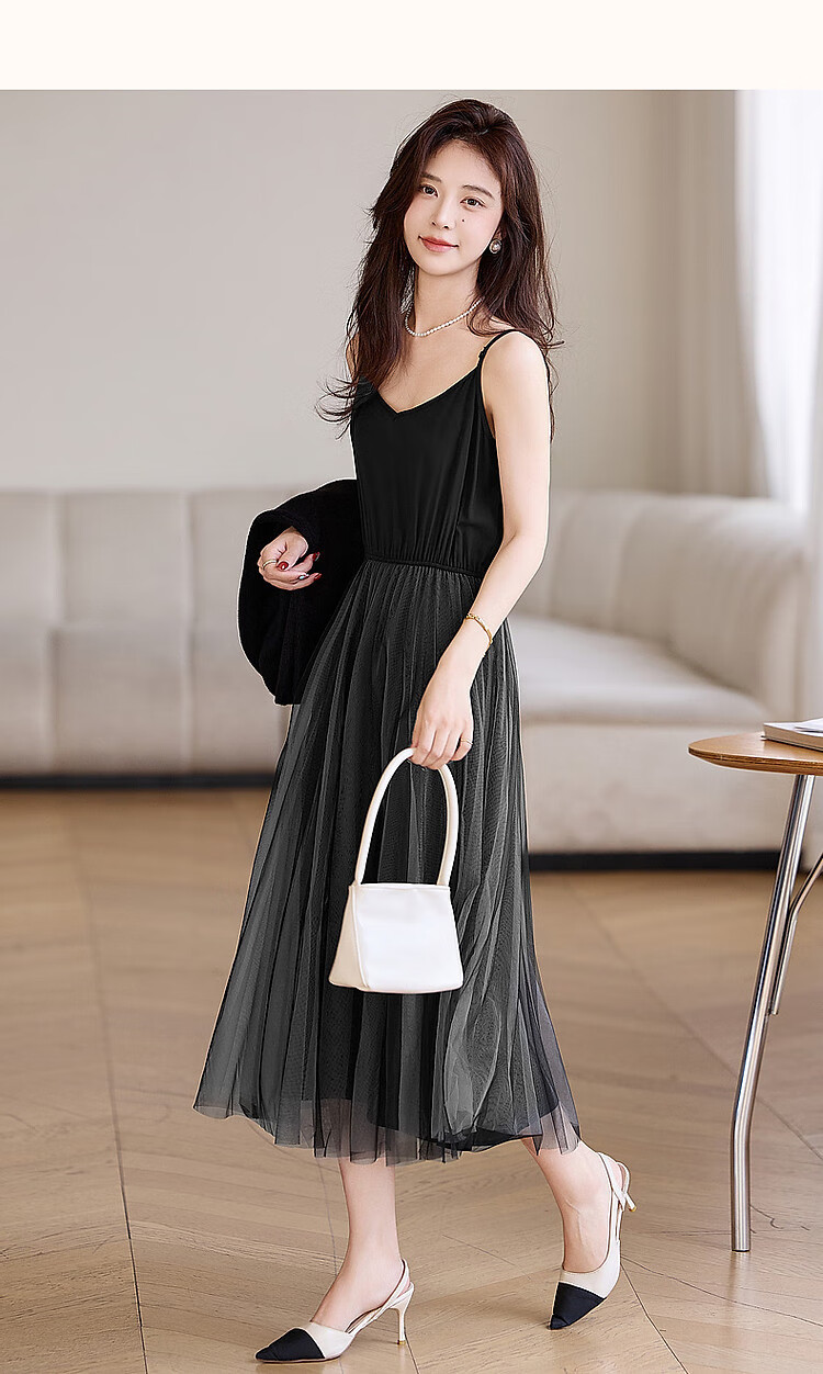 DME Ballet Style Set Spring Autumn Round Neck High Elastic Knit Sweater Mesh Slip Dress Flowing Two-Piece Set Women Black L 11