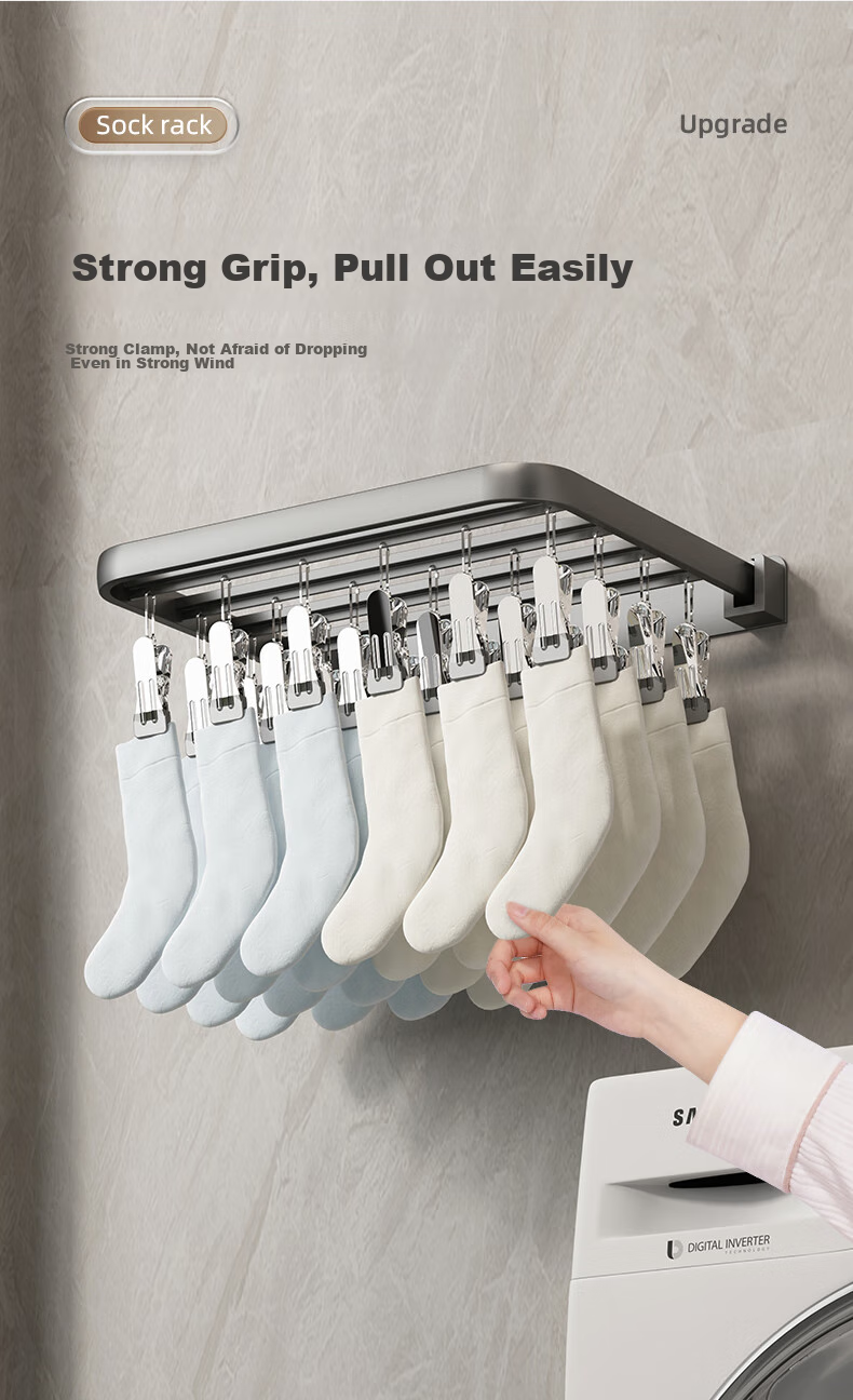 MUYA No-Drill Sock Hanger, Foldable Wall-Mounted Clothes Rack, Windproof Multi-Head 24 Clips, Space Aluminum Alloy with Oxidation Treatment 3