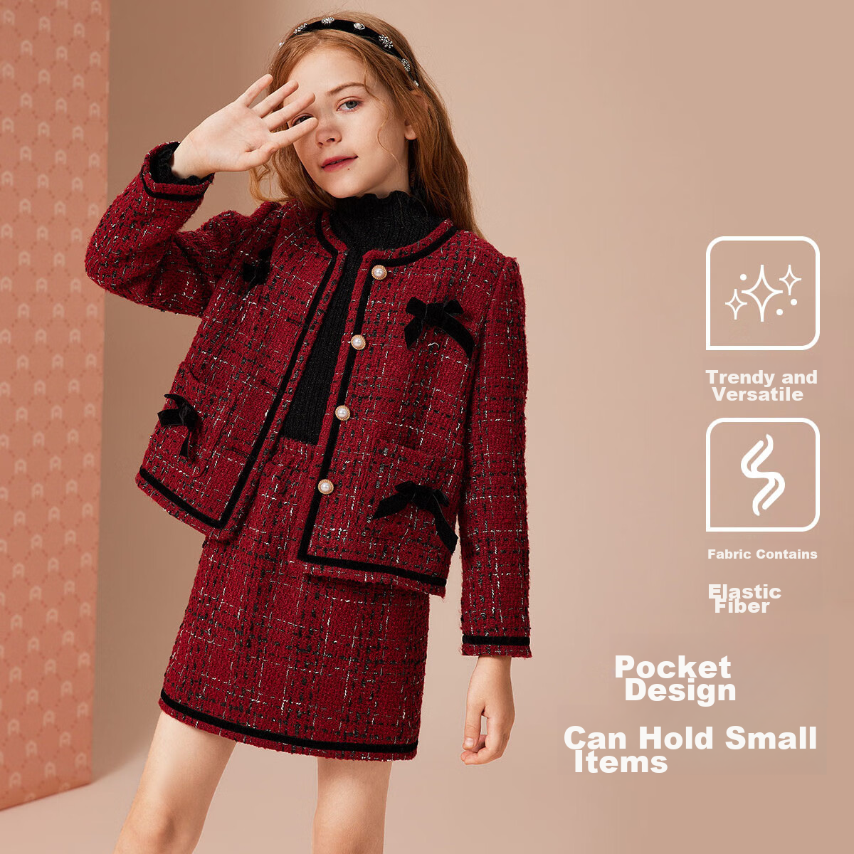 Детский комплект ASK JUNIOR для девочек, осенне-зимний, в стиле Chanel, с юбкой, новогодний костюм, красный, размер 170