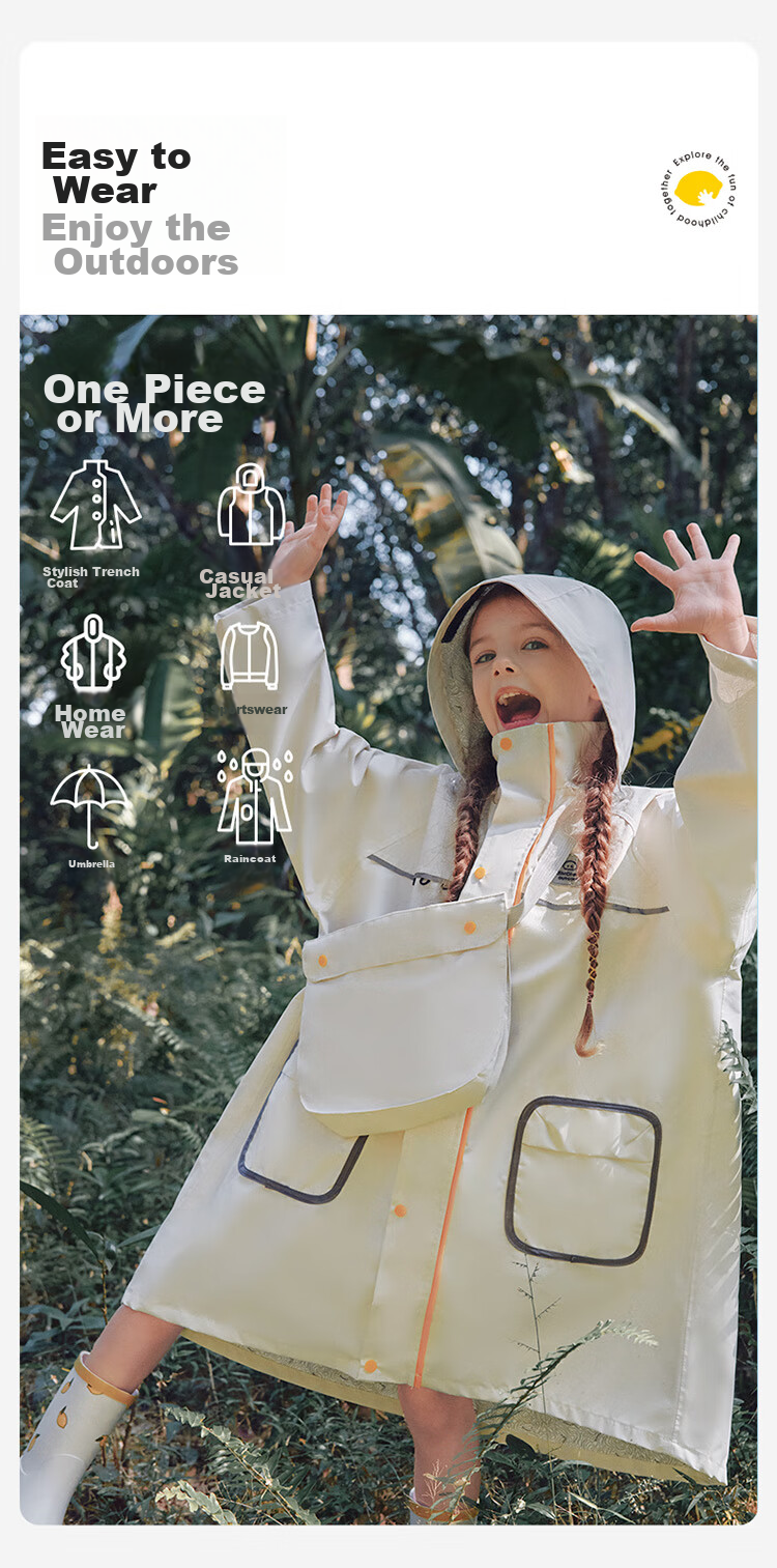 Lemonkid Children's Raincoat with Detachable Brim, School Raincoat for Boys And Girls, with Backpack Space, Full-Body Raincoat for Elementary School Students 8