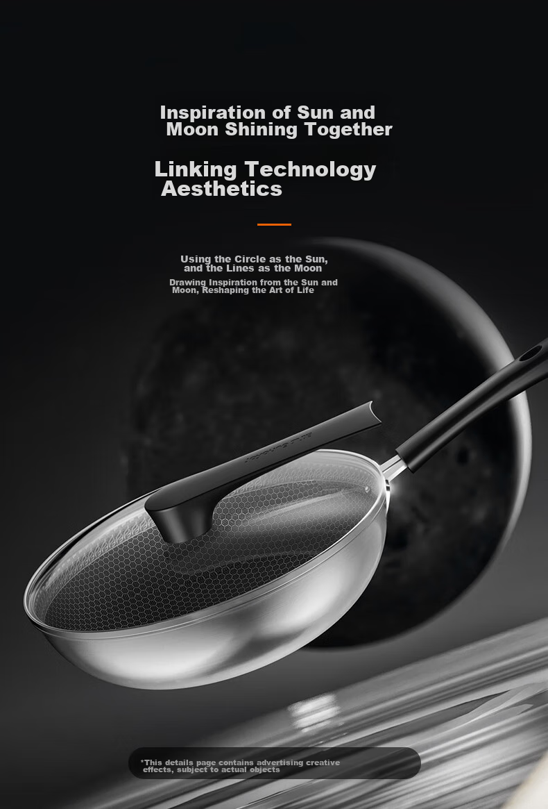 Joyoung Non-Stick Wok, 304 Stainless Steel Honeycomb Wear-Resistant Flat-Bottom Frying Pan, Compatible with Stove, 32cm, Visible And Removable Lid 3