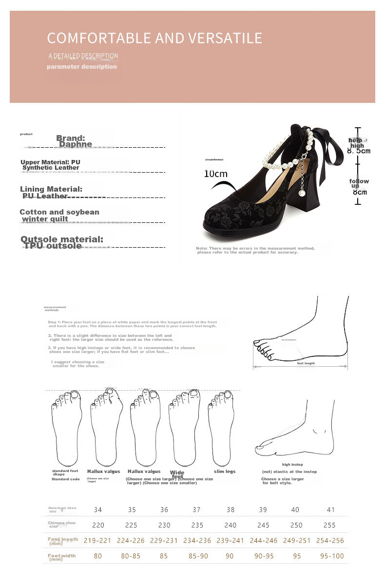 DAPHNE Chinese Style Dress Shoes for Women, Chunky Heel Heightening Black High Heels Wedding Shoes Mary Jane Shoes, Black, Size 37 3