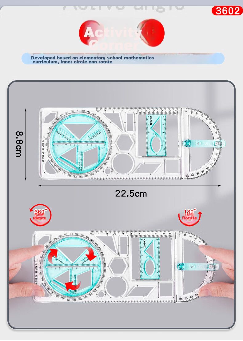 DiLe Multifunctional Rotating Drawing Ruler, Math Geometry Circle Measuring Protractor Triangle Straight Ruler Parallel Ruler Student Creative Drawing Tool Stationery, 2694 Pure Blue 10