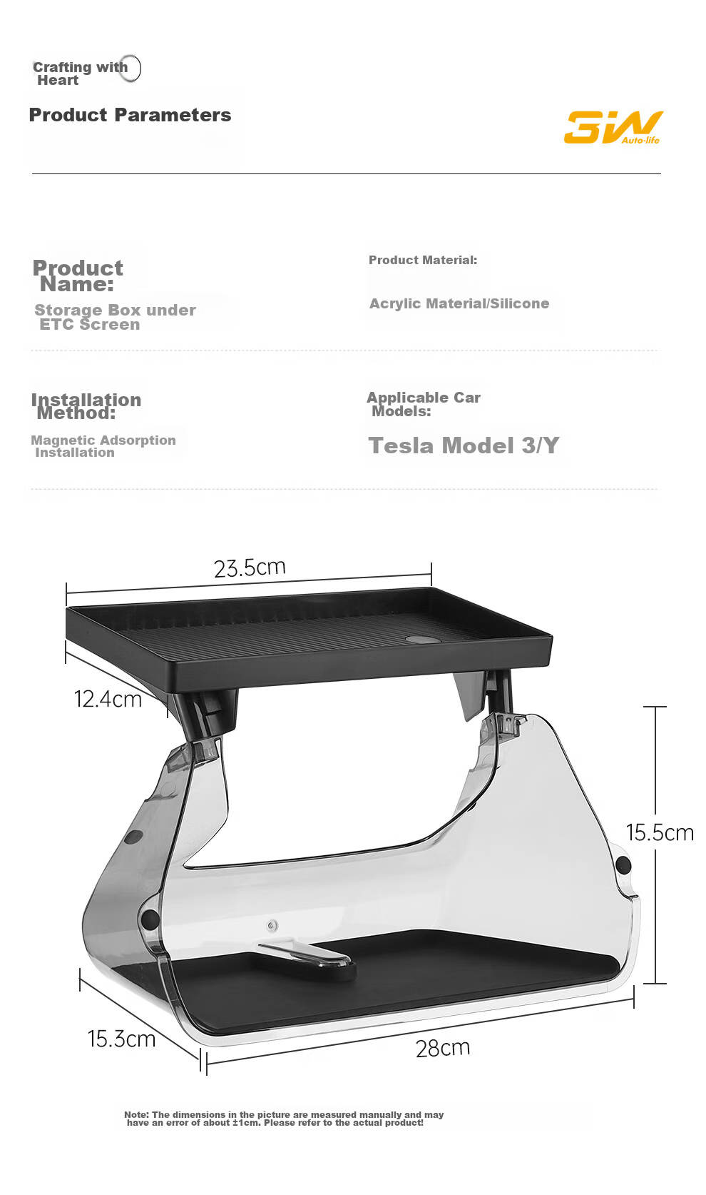 3W Auto-life Magnetic Storage Box for Tesla Refreshed Model 3/Y And Model Y-L, Compatible with Under-Screen Storage Compartment 6
