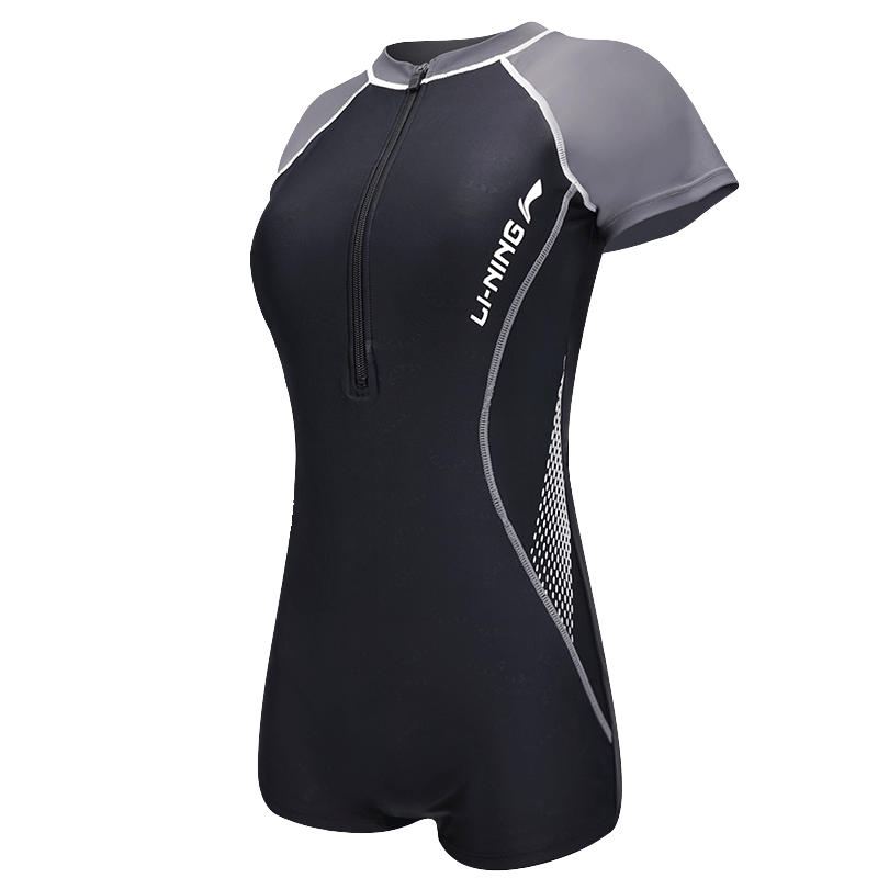 Li-Ning Women's Professional One-Piece Boyleg Swimsuit, Short-Sleeve Quick-Dry Conservative Swimwear LNYT035, Black And Gray, XXL