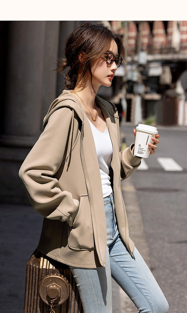 Dme [Stroll Outfit] Spring And Autumn Sporty Style 350G Air Layer Hooded Sweatshirt Jacket for Petite Women to Conceal Body Shape 16