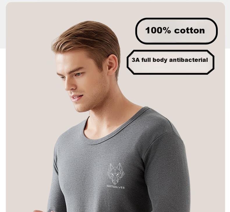 SEPTWOLVES [Pure Cotton Antibacterial] Thermal Underwear for Men, Autumn Top And Pants Set, Round Neck Cotton And Wool Autumn Winter, Dark Gray, XXL 2